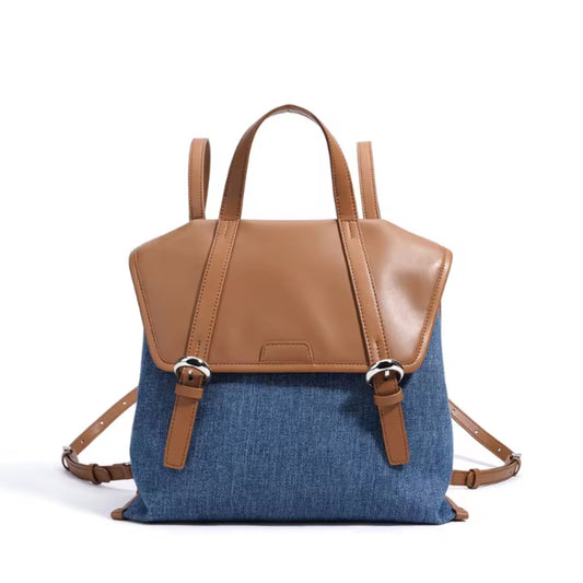 Backpack with brown top section and blue bottom section on a white background