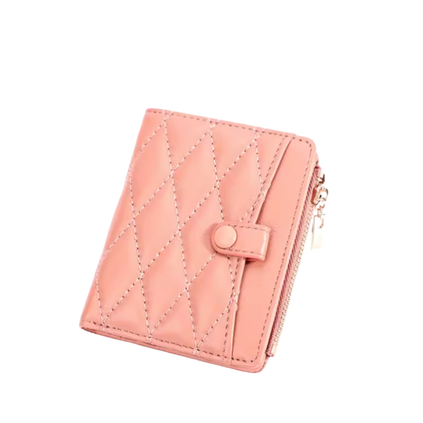 Women's Compact Genuine Leather Wallet – Luxury Quilted Design with 7 Card Slots, Side Zipper Pocket & Secure Snap Closure