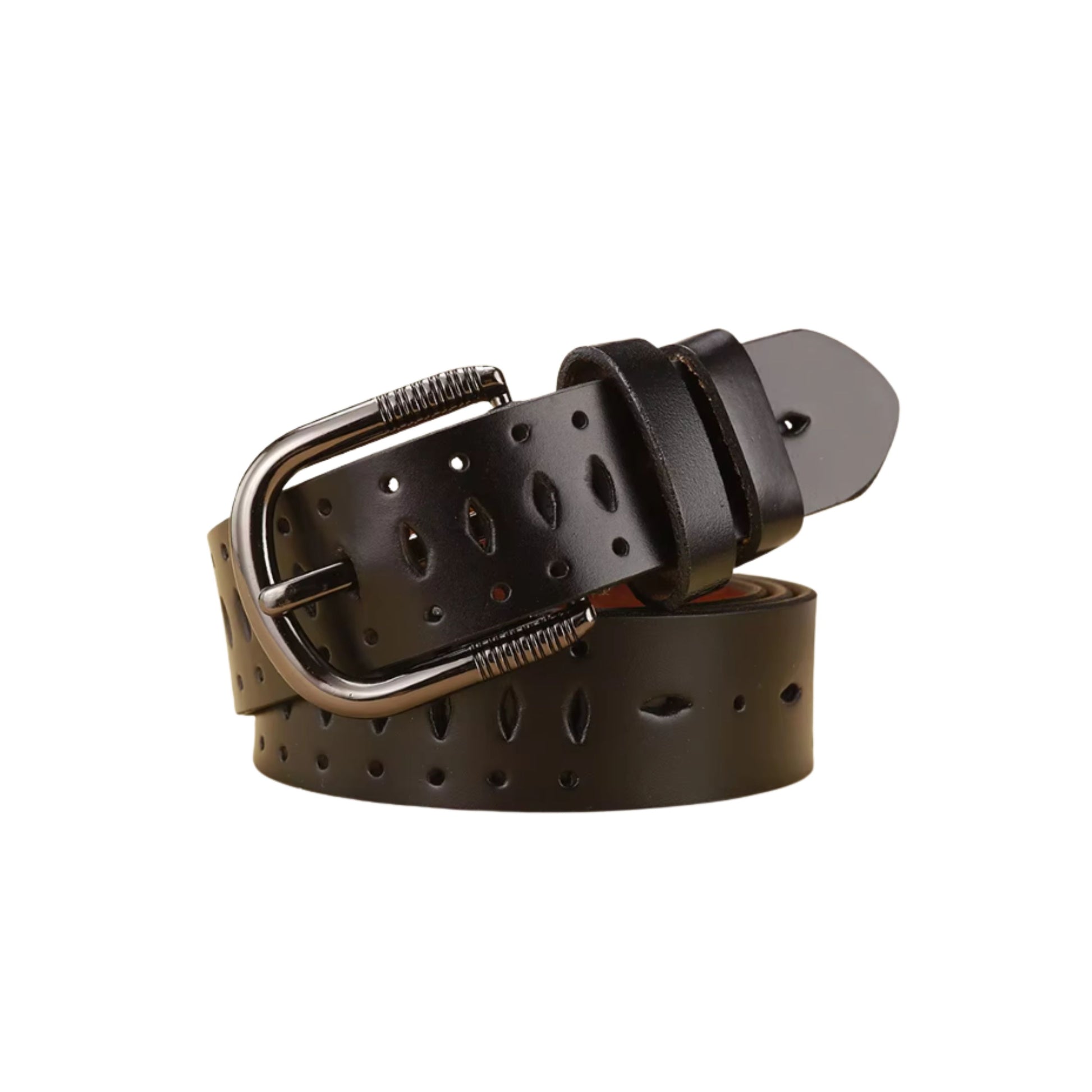Brown leather belt with a silver buckle on a white background