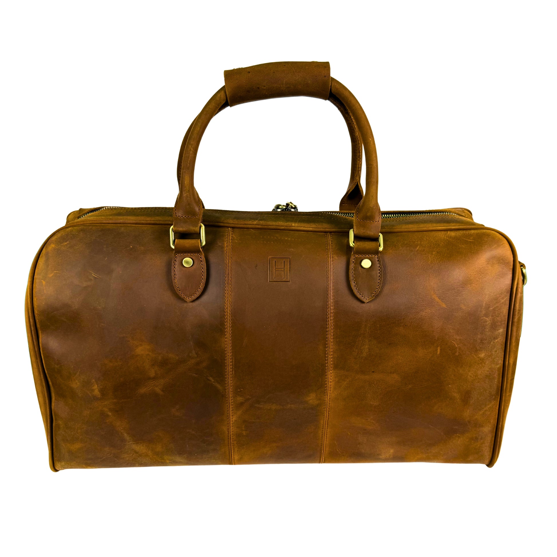 Brown leather duffel bag on a white background