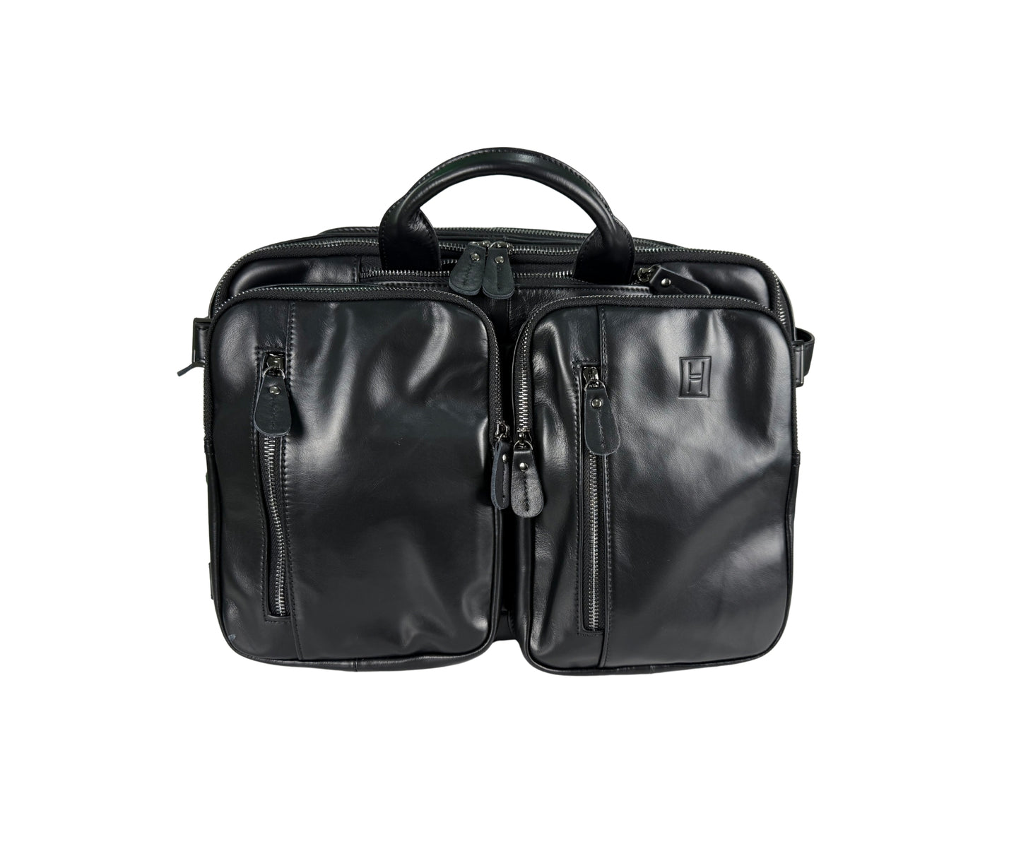 Black leather briefcase on a white background