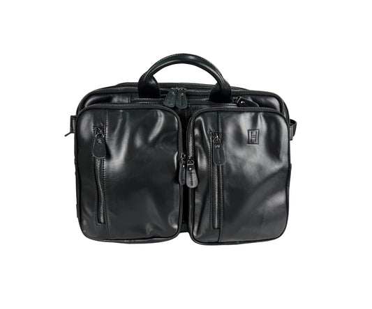 Black leather briefcase on a white background