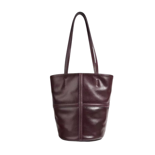 Brown leather tote bag on a white background
