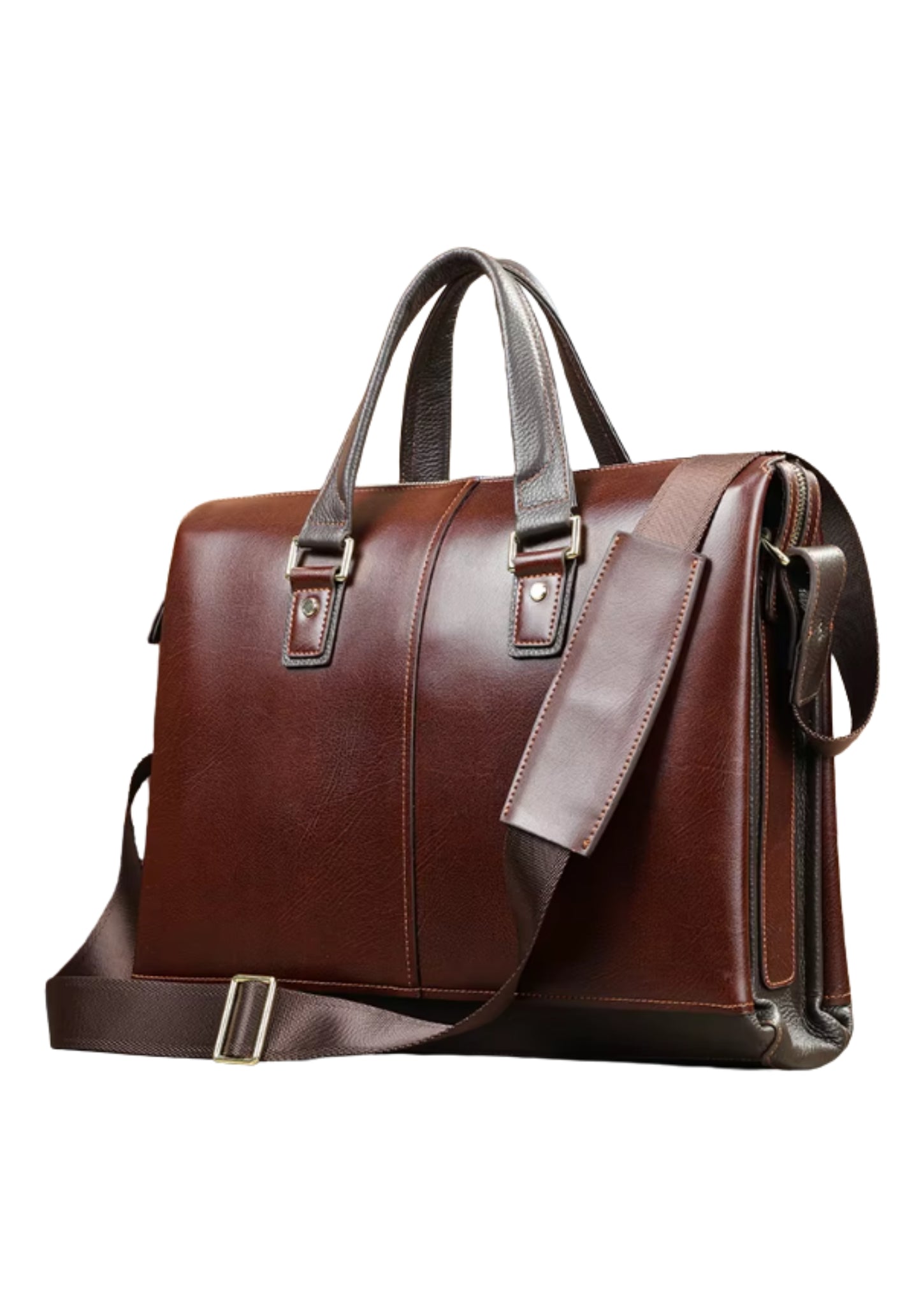 Brown leather briefcase with shoulder strap on a white background