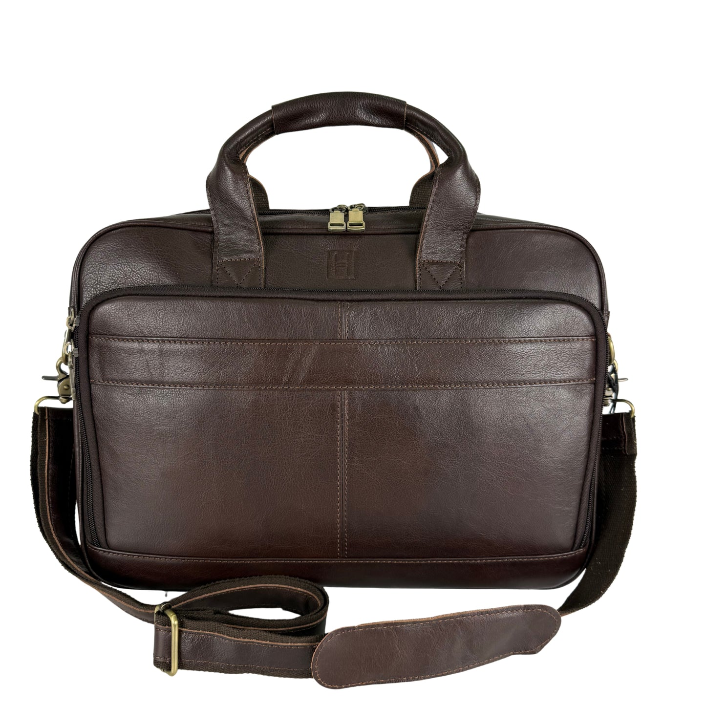 Brown leather briefcase with shoulder strap on a white background