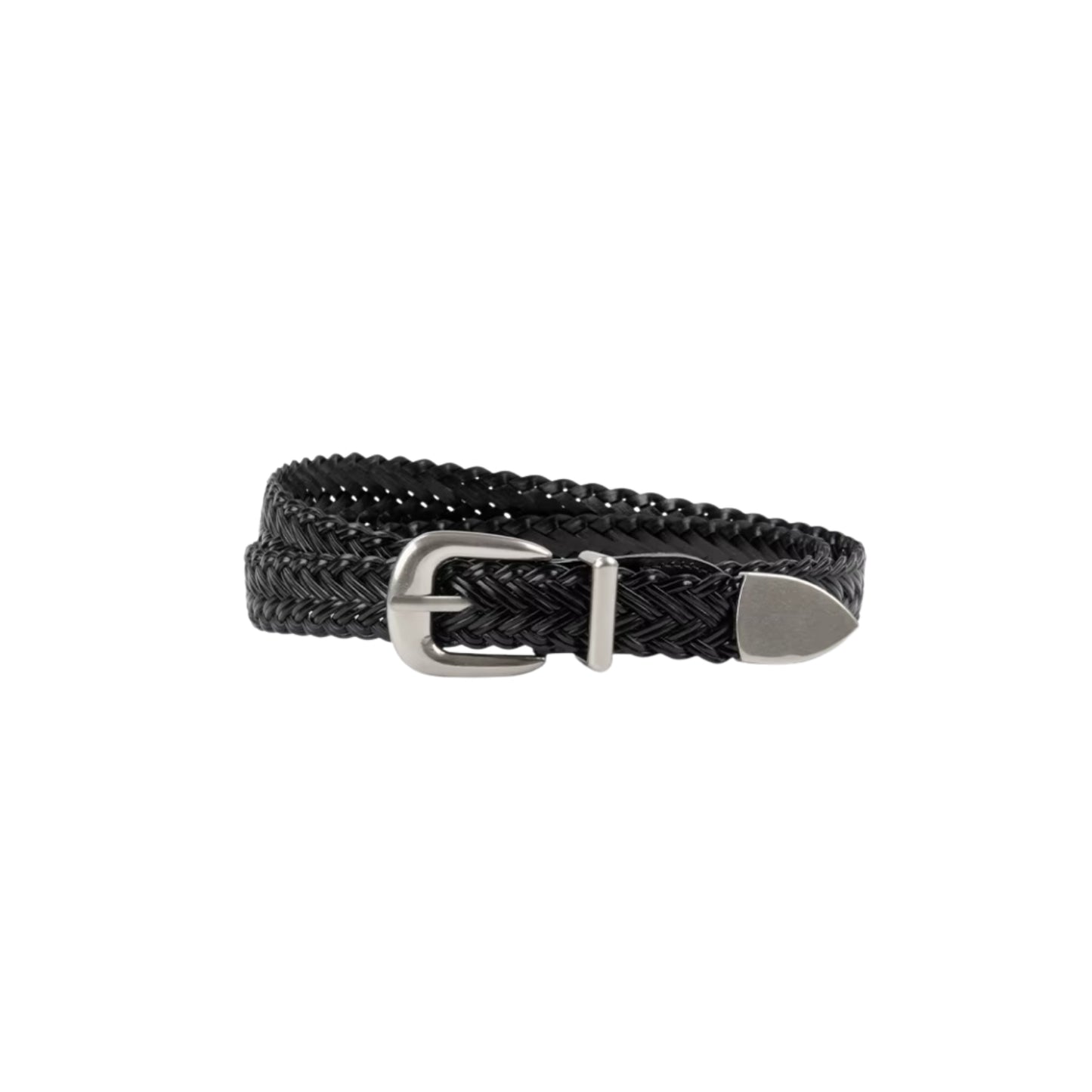 Black braided belt with a silver buckle on a white background
