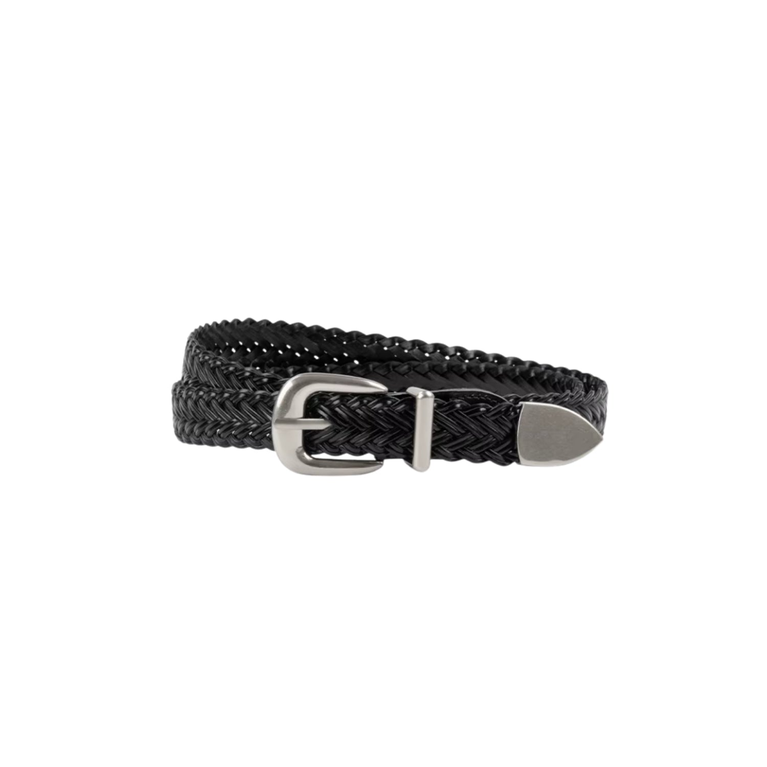 Black braided belt with a silver buckle on a white background