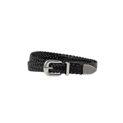 Black braided belt with a silver buckle on a white background