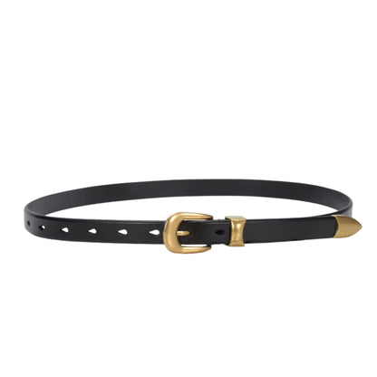 Black leather belt with a gold buckle on a white background