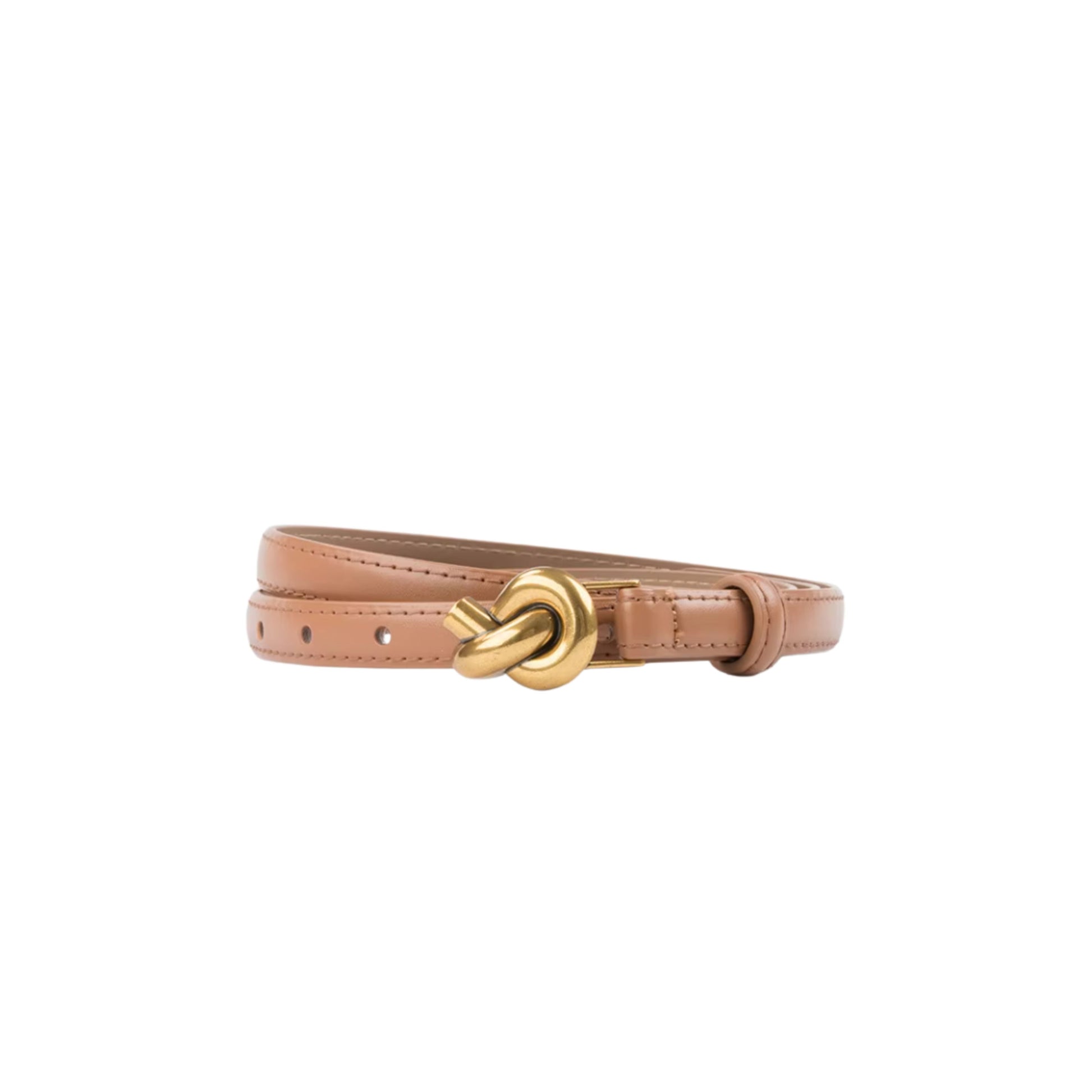 Tan leather belt with a gold buckle on a white background