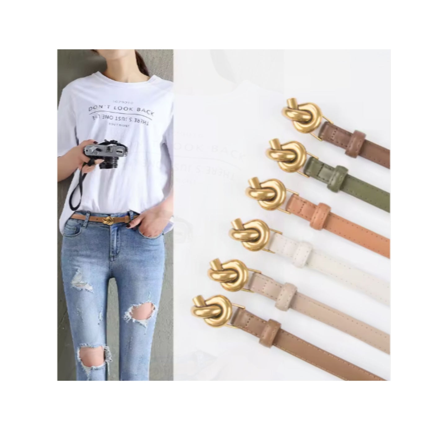 Women's Genuine Leather Slim Belt with Designer Gold Knot Buckle, Brown, Adjustable Waist Belt for Casual and Formal Wear