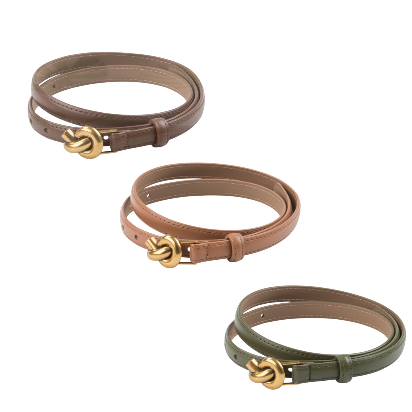 Women's Genuine Leather Slim Belt with Designer Gold Knot Buckle, Brown, Adjustable Waist Belt for Casual and Formal Wear