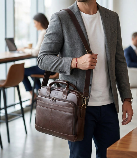The Executive Genuine Leather Briefcase by Hideclusive | Men's Genuine Leather Briefcase | Premium Laptop Messenger Bag & Travel Portfolio | Coffee | Hideclusive