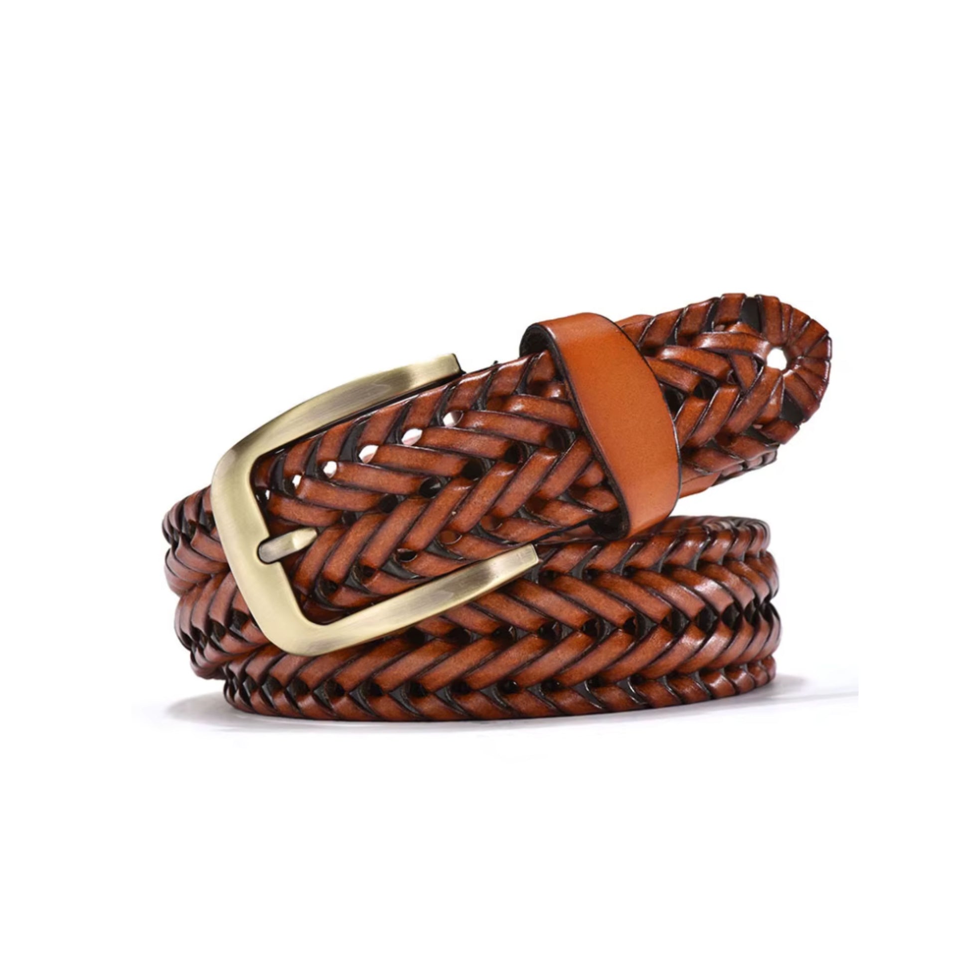 Brown braided belt with a gold buckle on a white background