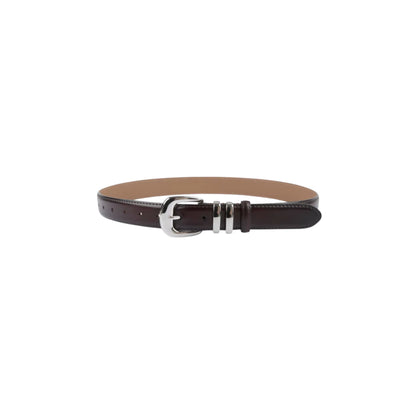 Brown leather belt with a silver buckle on a white background