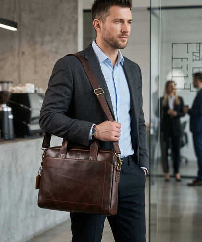 Man in a suit holding a brown leather briefcase in an office setting