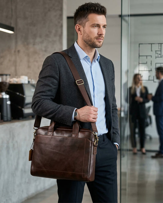 Man in a suit holding a brown leather briefcase in an office setting