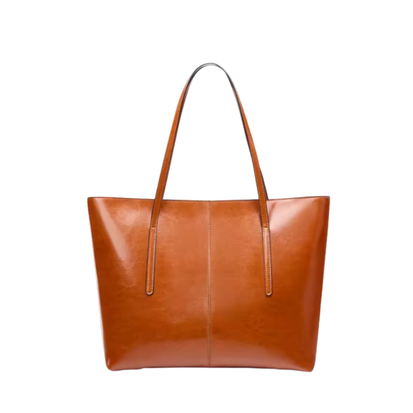 Brown leather tote bag on a white background