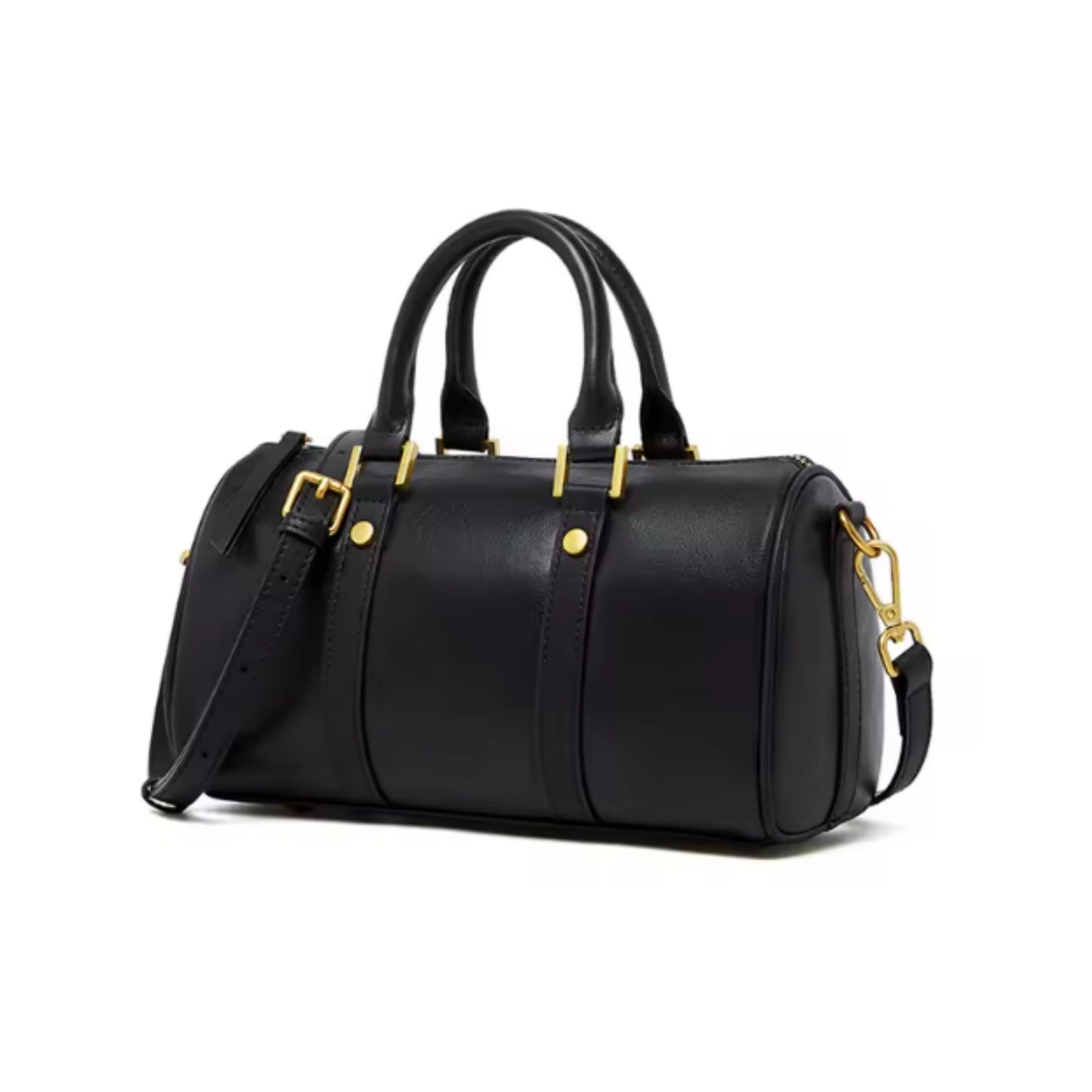 Black handbag with gold accents on a white background