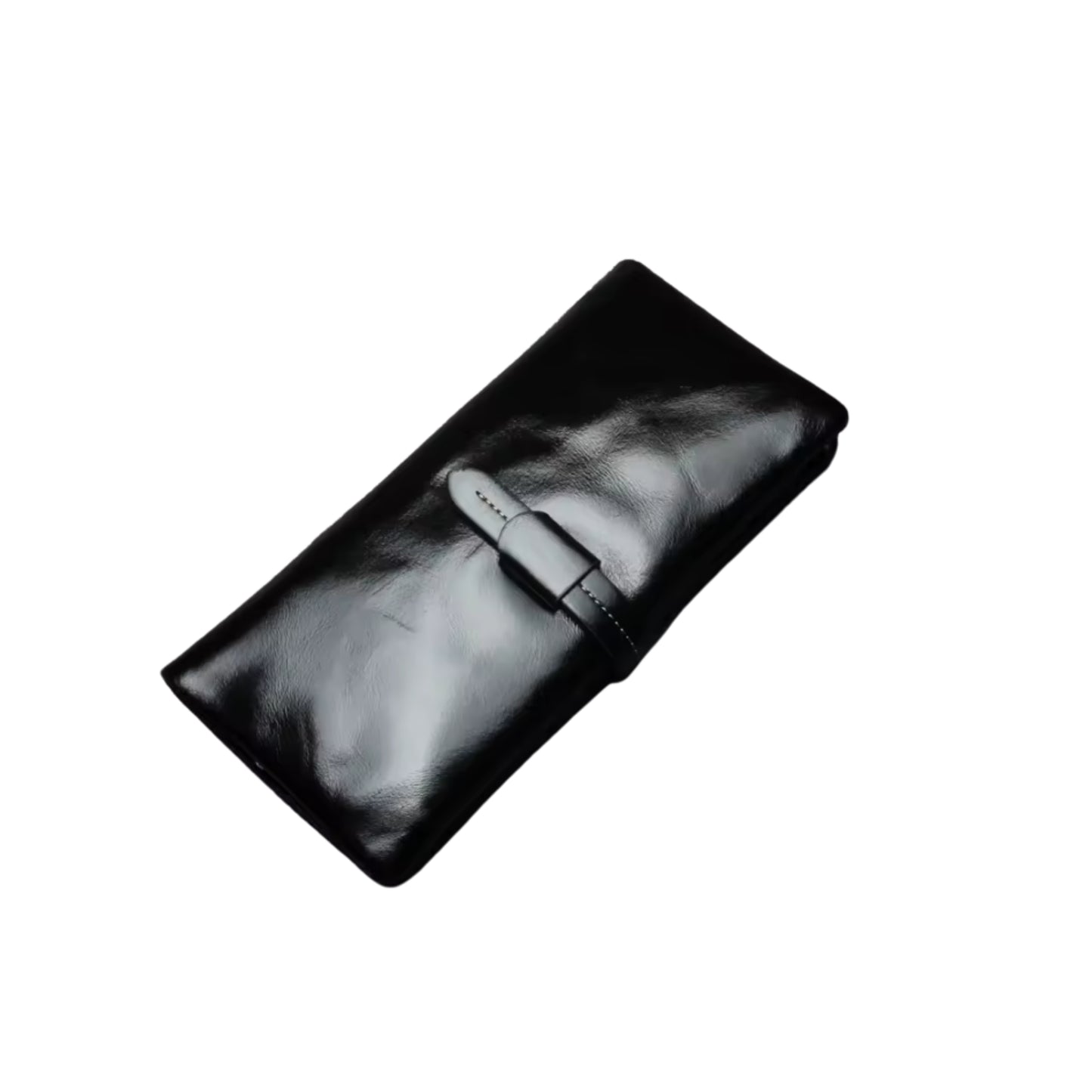 Black leather clutch bag with a reflective surface on a white background