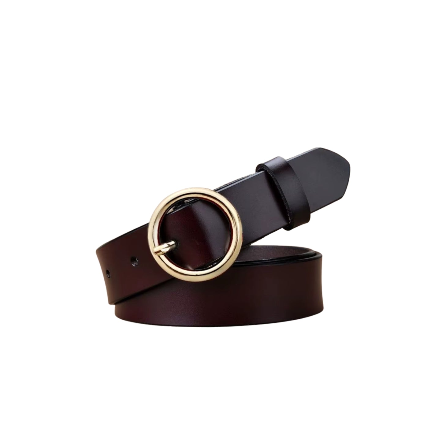 Brown leather belt with a gold ring buckle on a white background