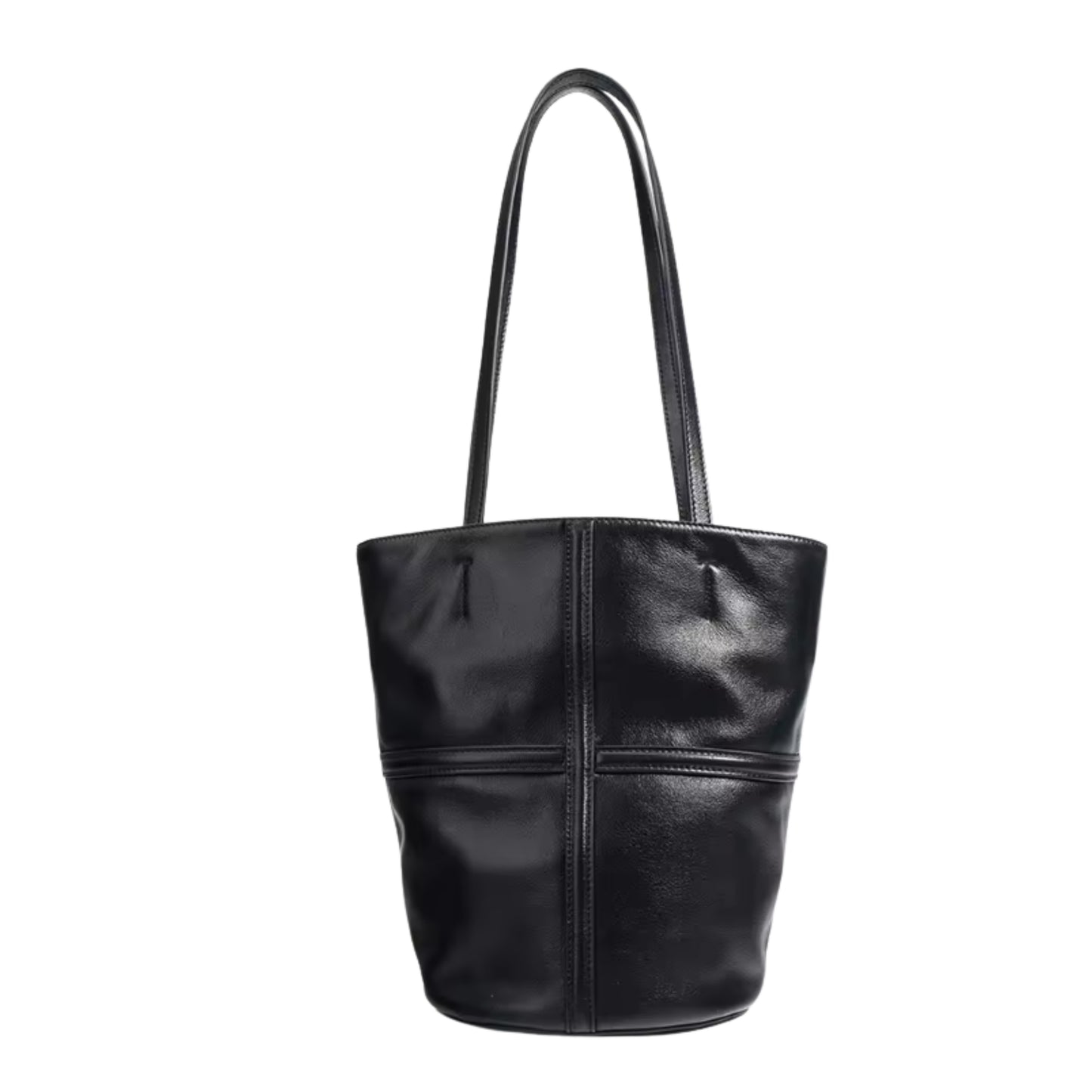 Black leather tote bag on a white background
