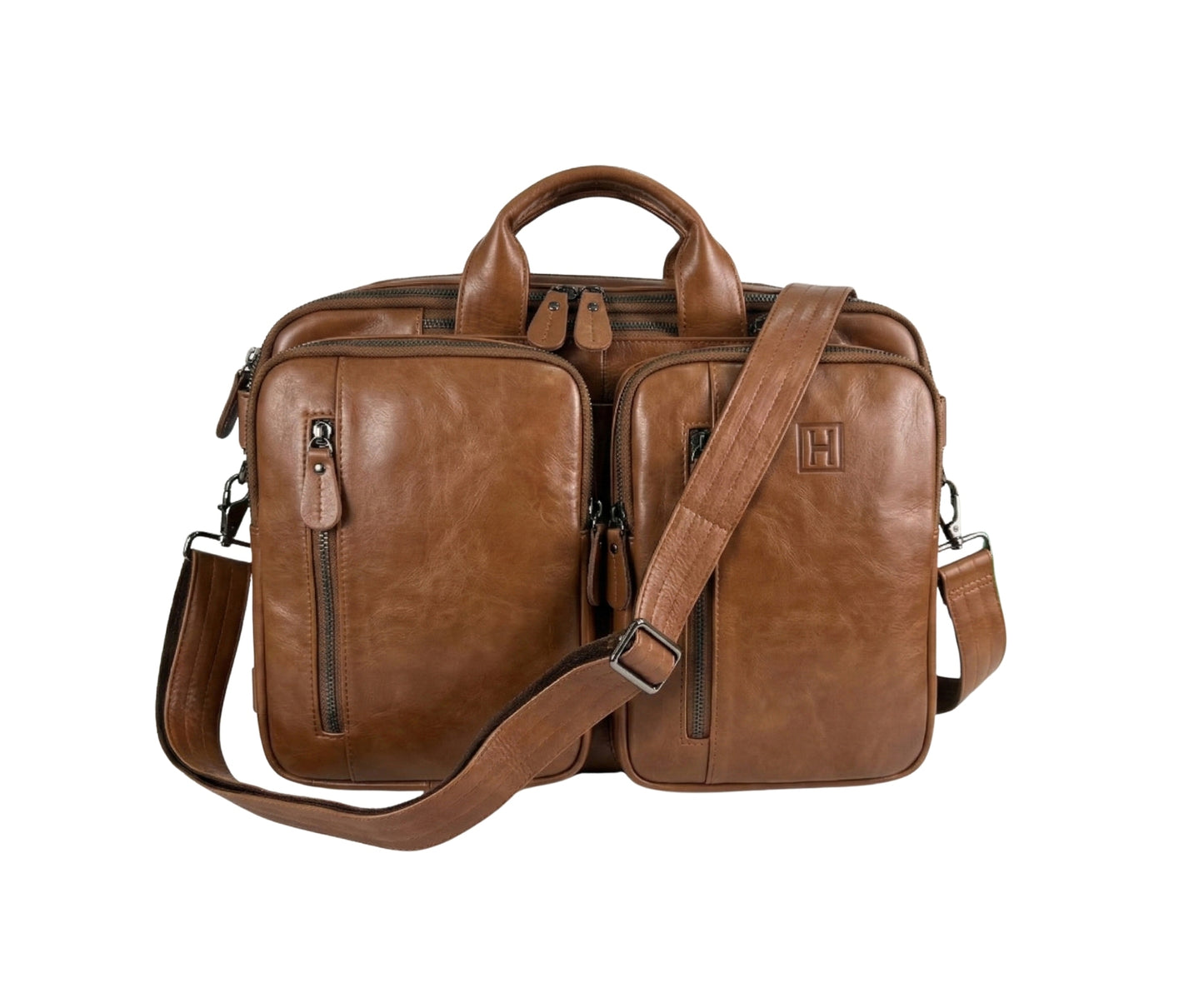 Brown leather briefcase with shoulder strap on a white background