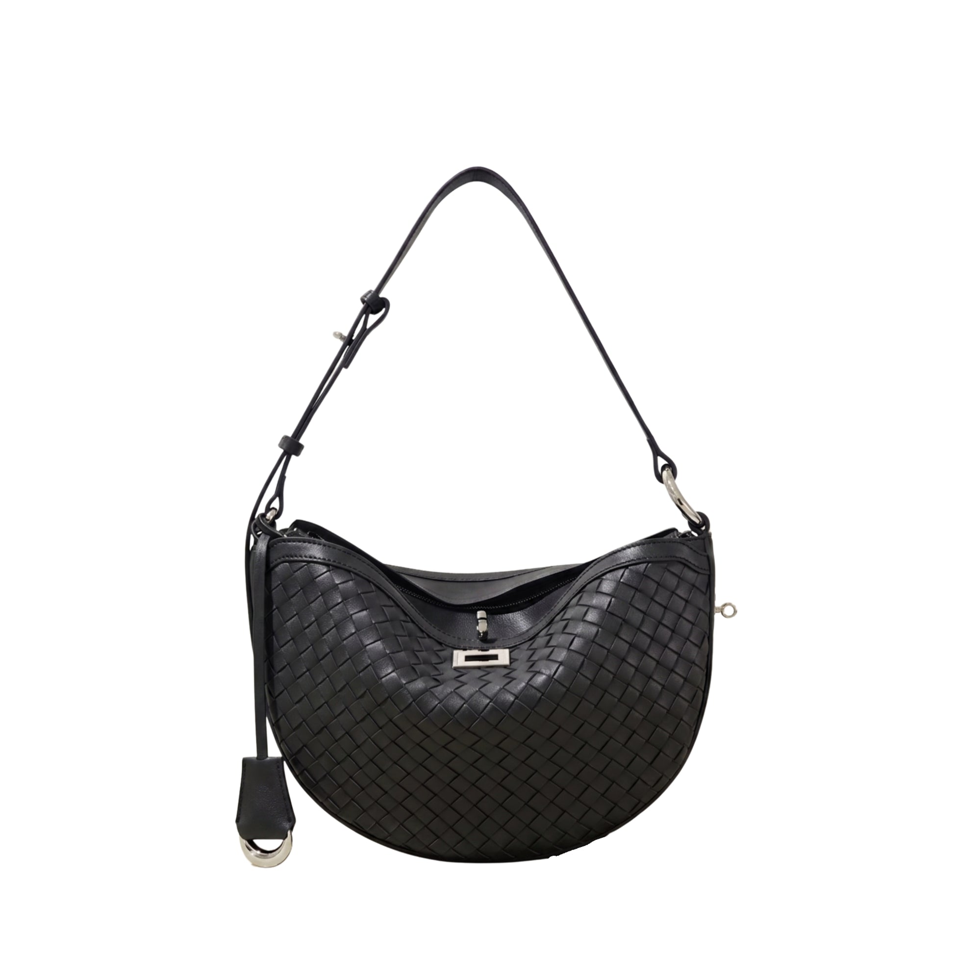 Black woven handbag on a white background