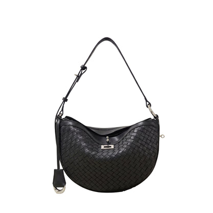 Black woven handbag on a white background