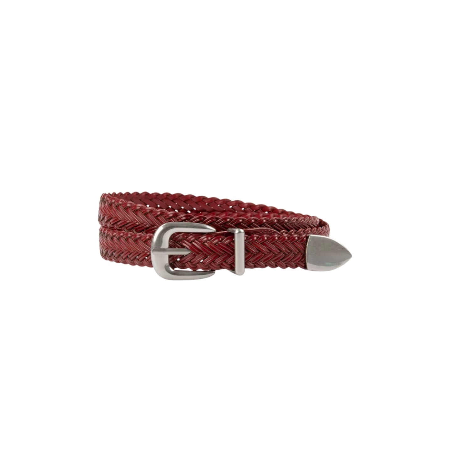 Red braided belt with a silver buckle on a white background