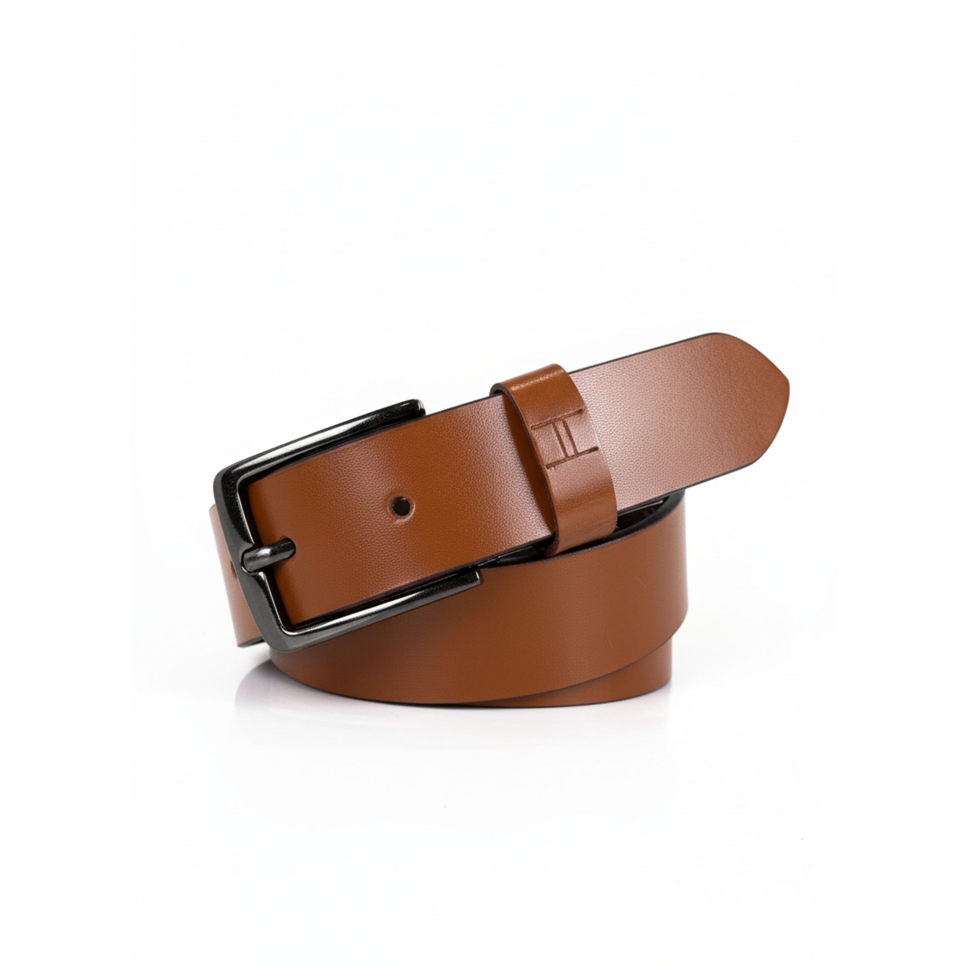 Brown leather belt with black buckle on a white background