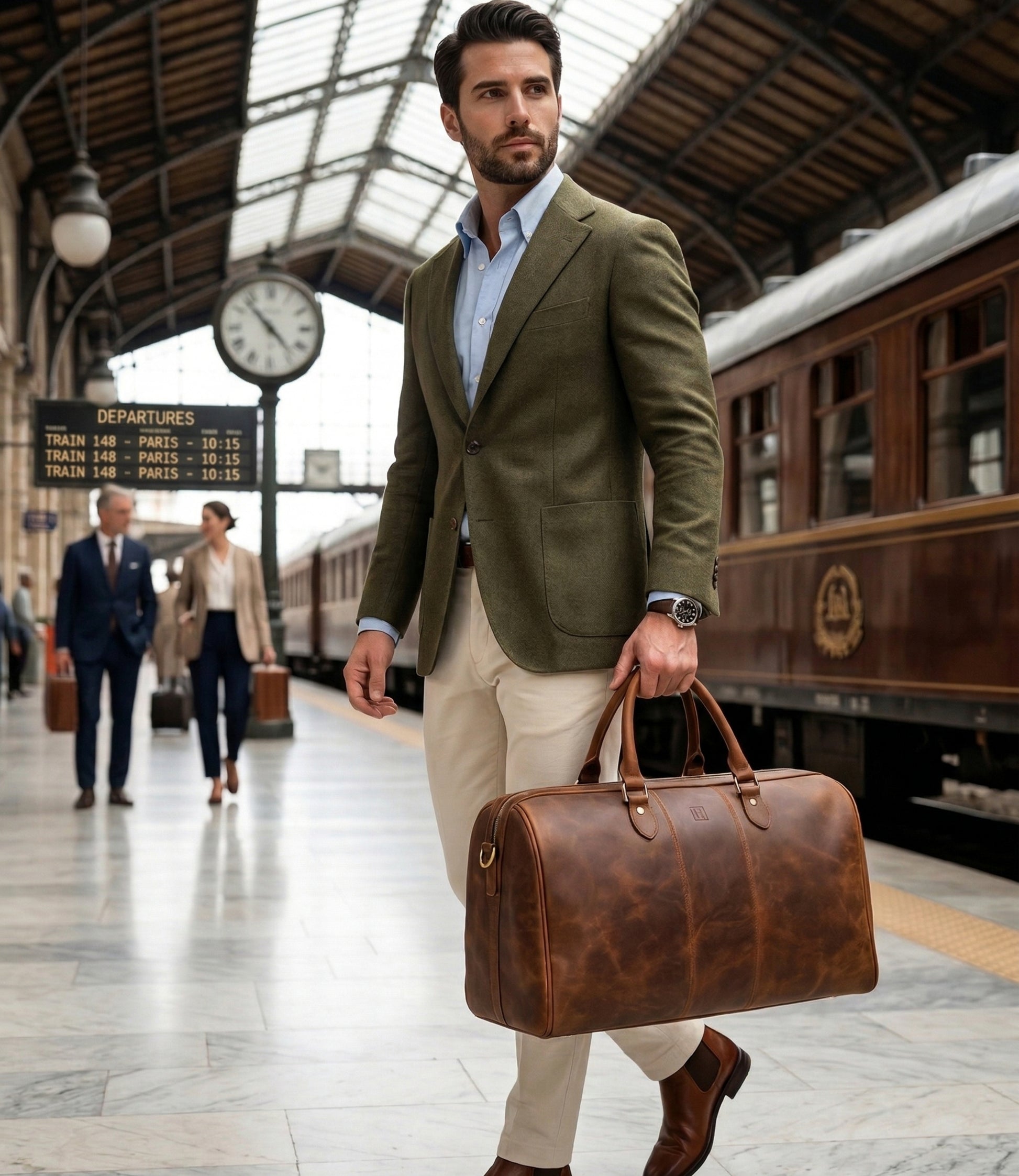 Man in a train station holding a brown leather bag