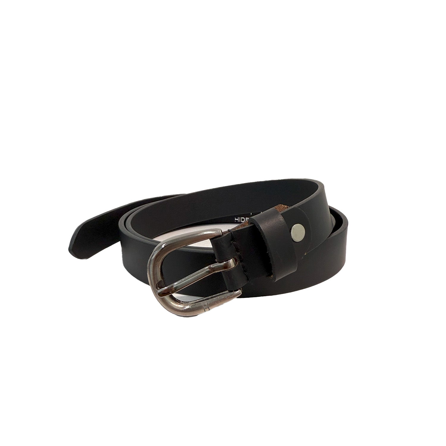 Black belt with silver buckle on a white background