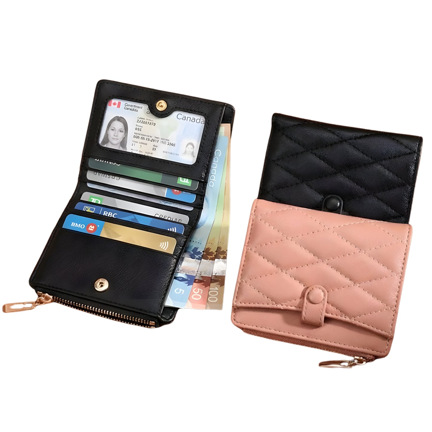 Women's Compact Genuine Leather Wallet – Luxury Quilted Design with 7 Card Slots, Side Zipper Pocket & Secure Snap Closure