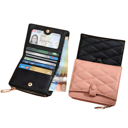 Black and pink wallets with card slots on a white background