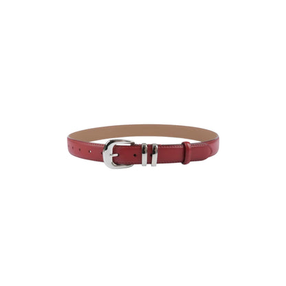 Red belt with a silver buckle on a white background