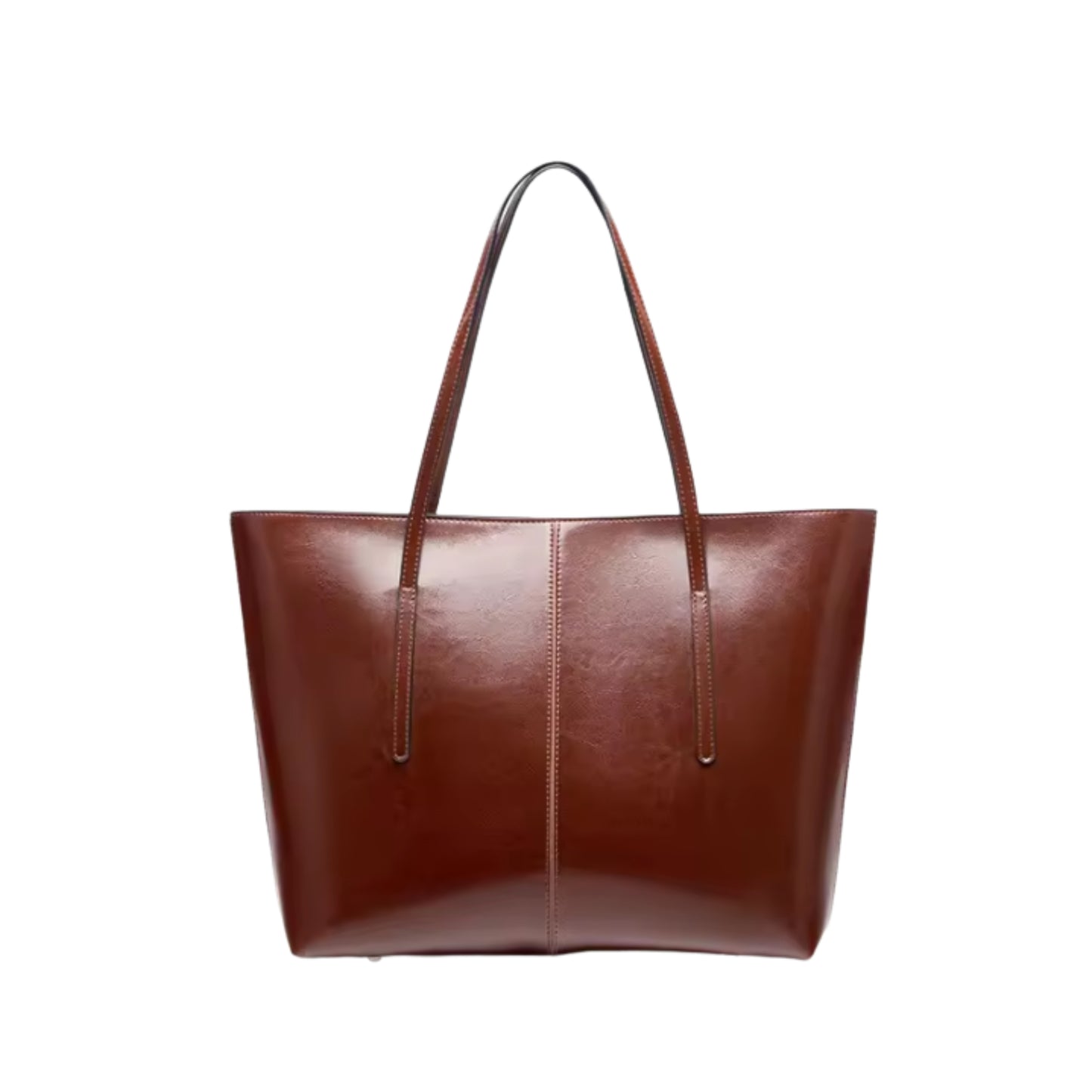 Brown leather tote bag on a white background
