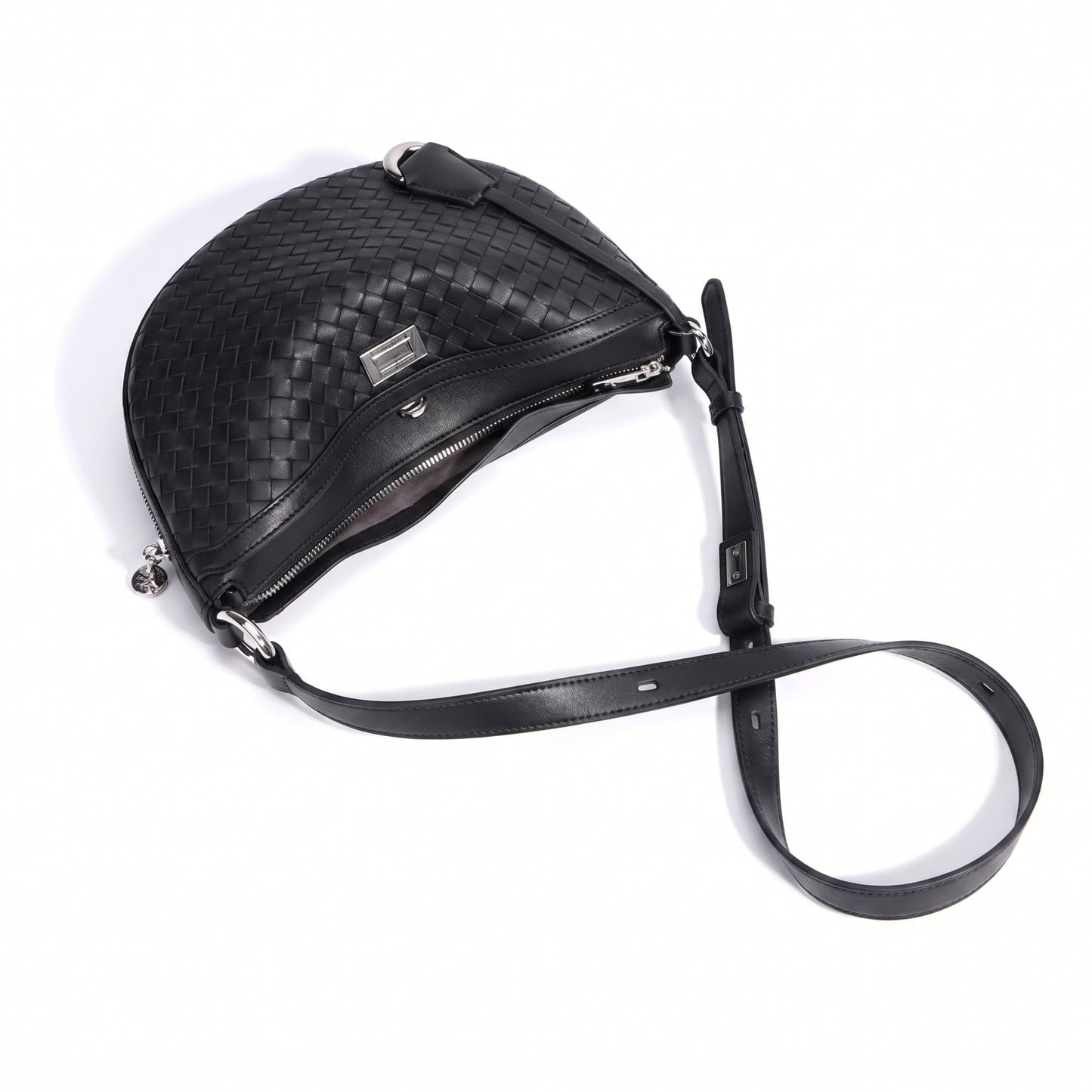 Black woven leather handbag with a strap on a white background