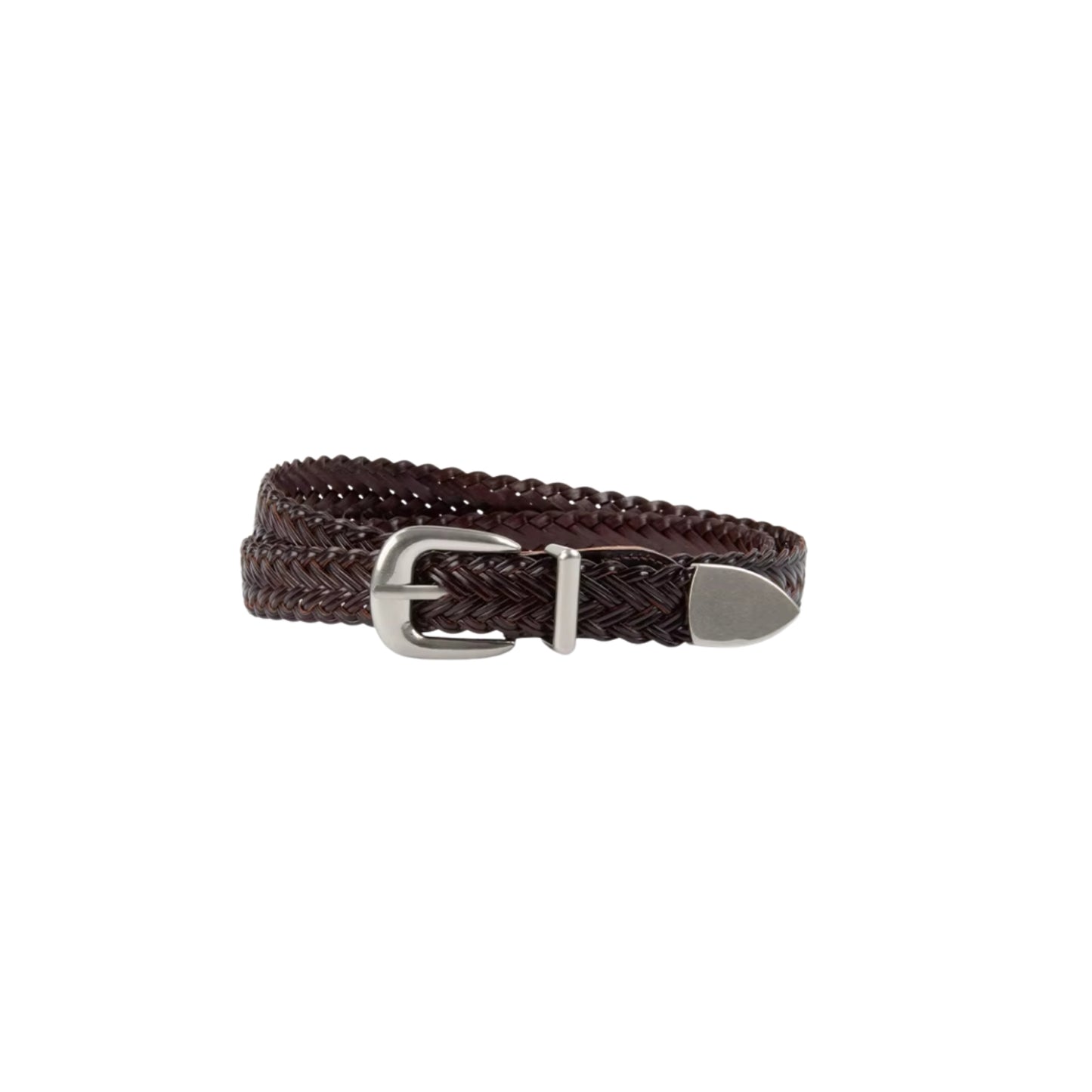 Brown braided belt with a silver buckle on a white background