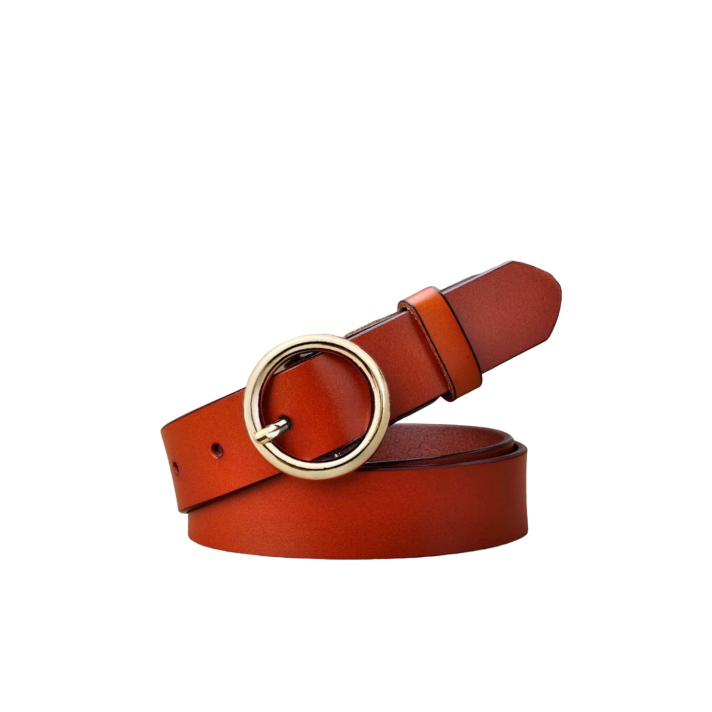 Brown leather belt with a gold ring buckle on a white background