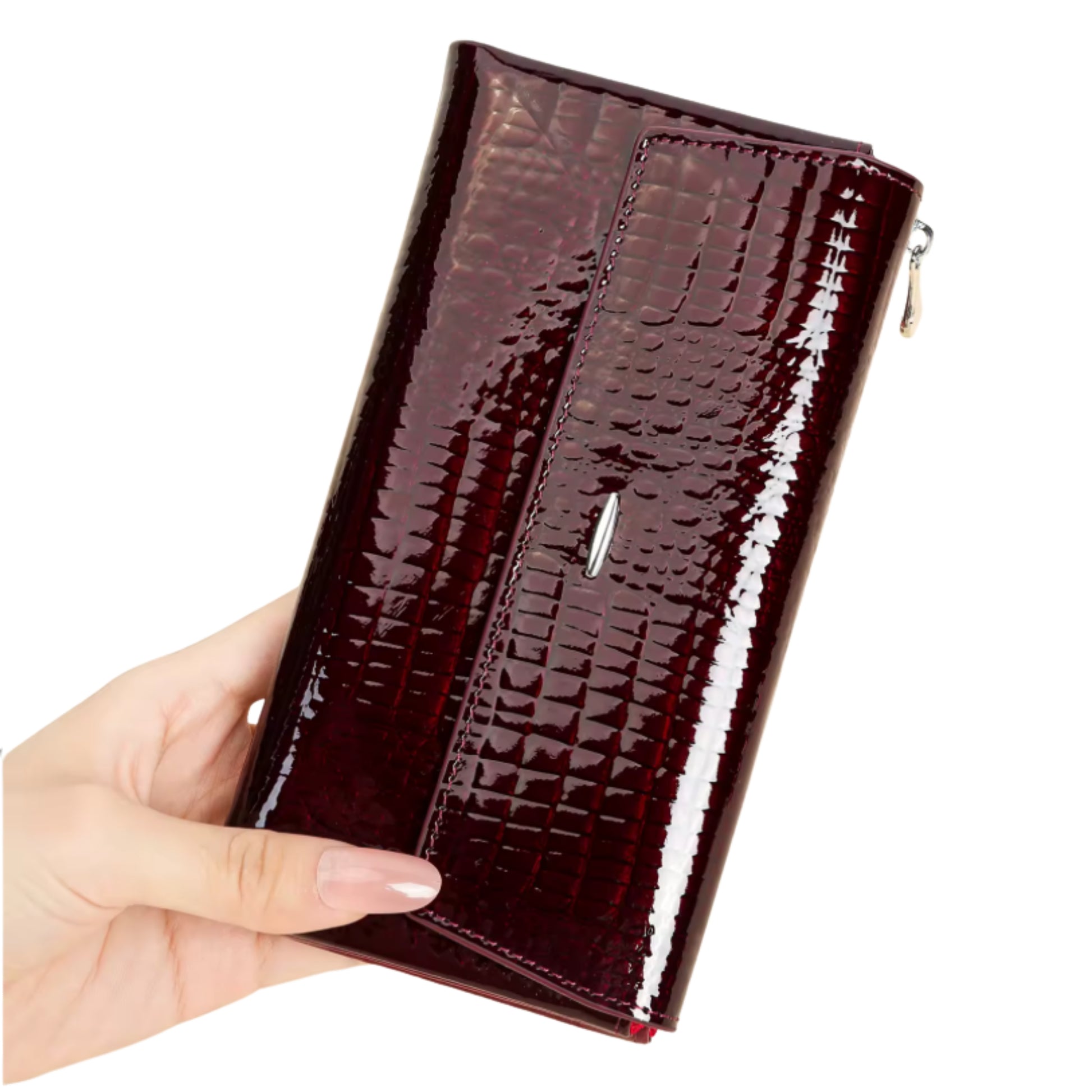 Hand holding a brown textured wallet on a white background