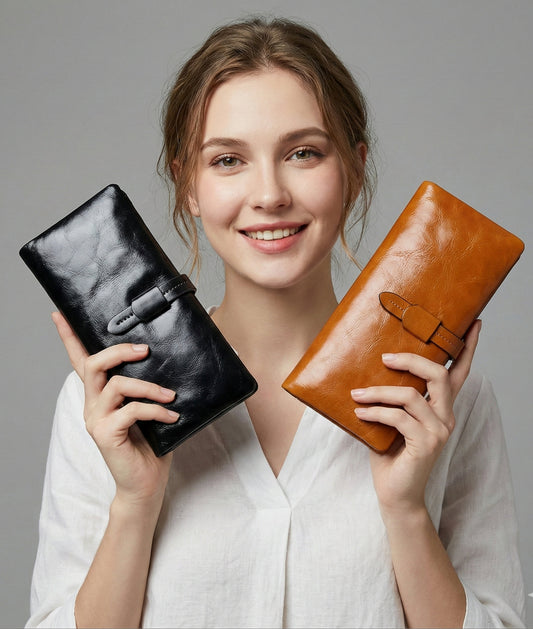 Hideclusive Women’s Signature Oil Wax Cowhide Leather Clutch – Premium Long Wallet & Purse