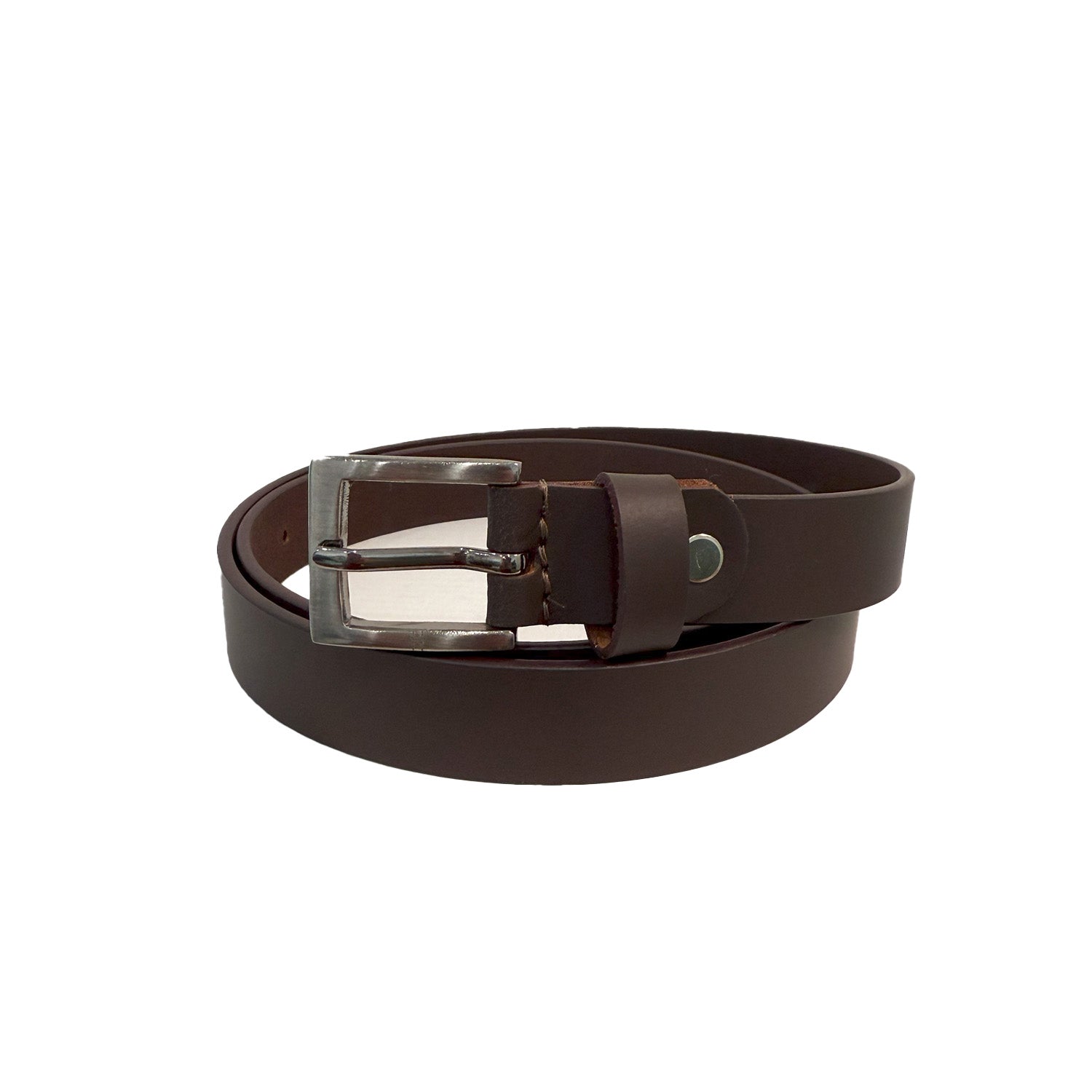 Brown leather belt with a silver buckle on a white background