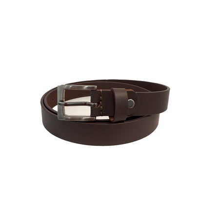 Brown leather belt with a silver buckle on a white background