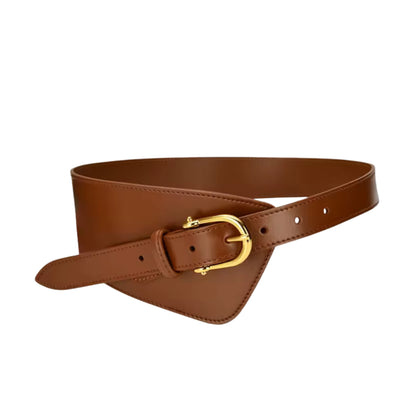 Brown leather belt with a gold buckle on a white background