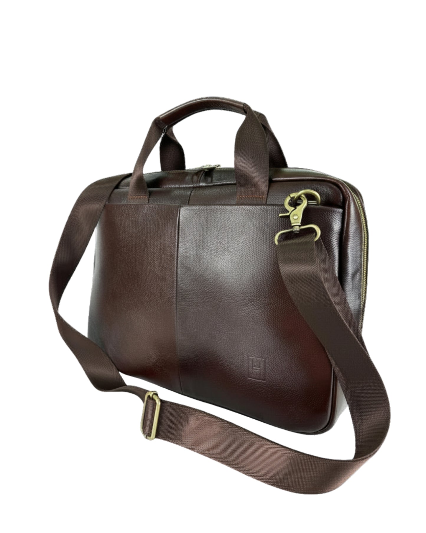 Brown leather briefcase with shoulder strap on a white background