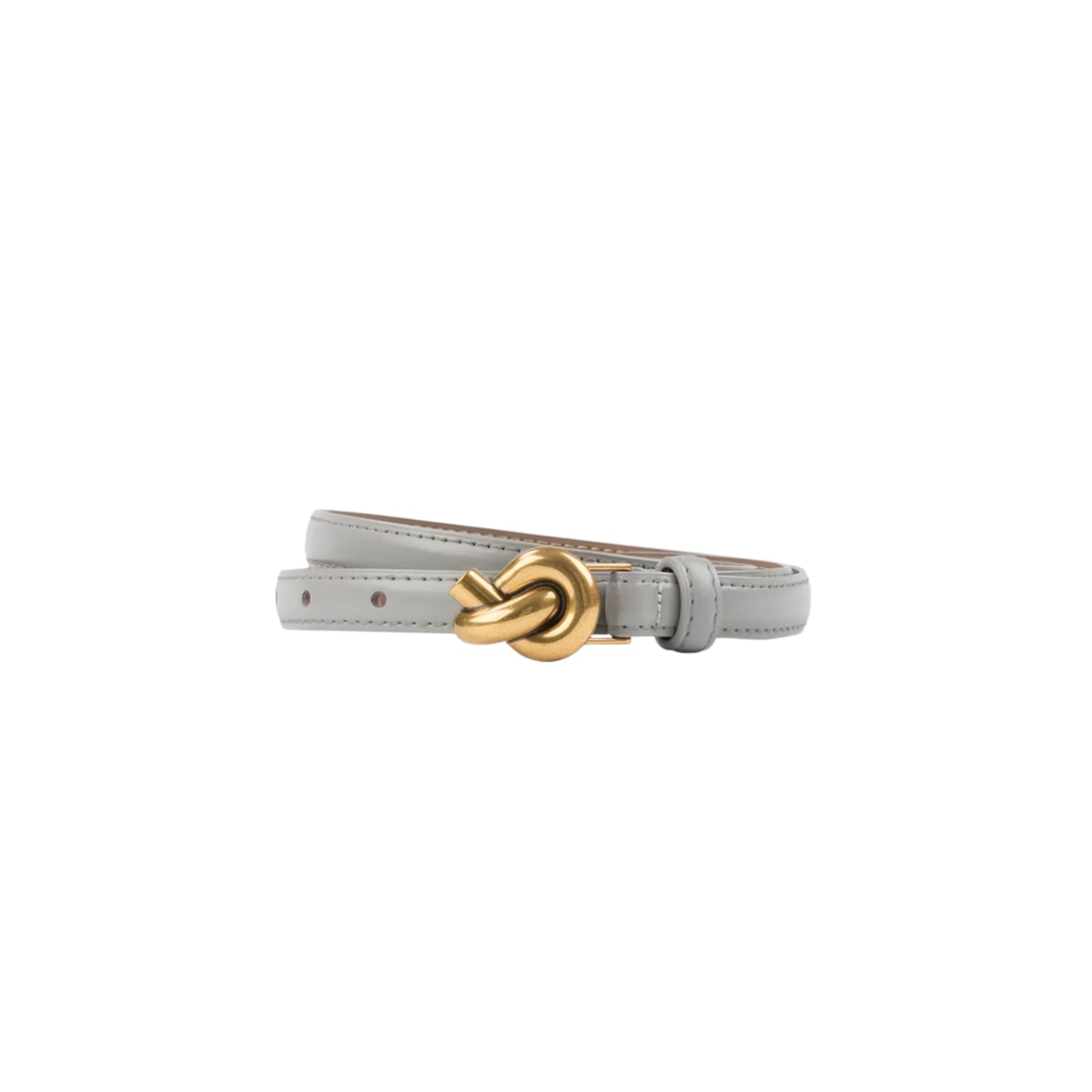 Gray belt with a gold knot buckle on a white background