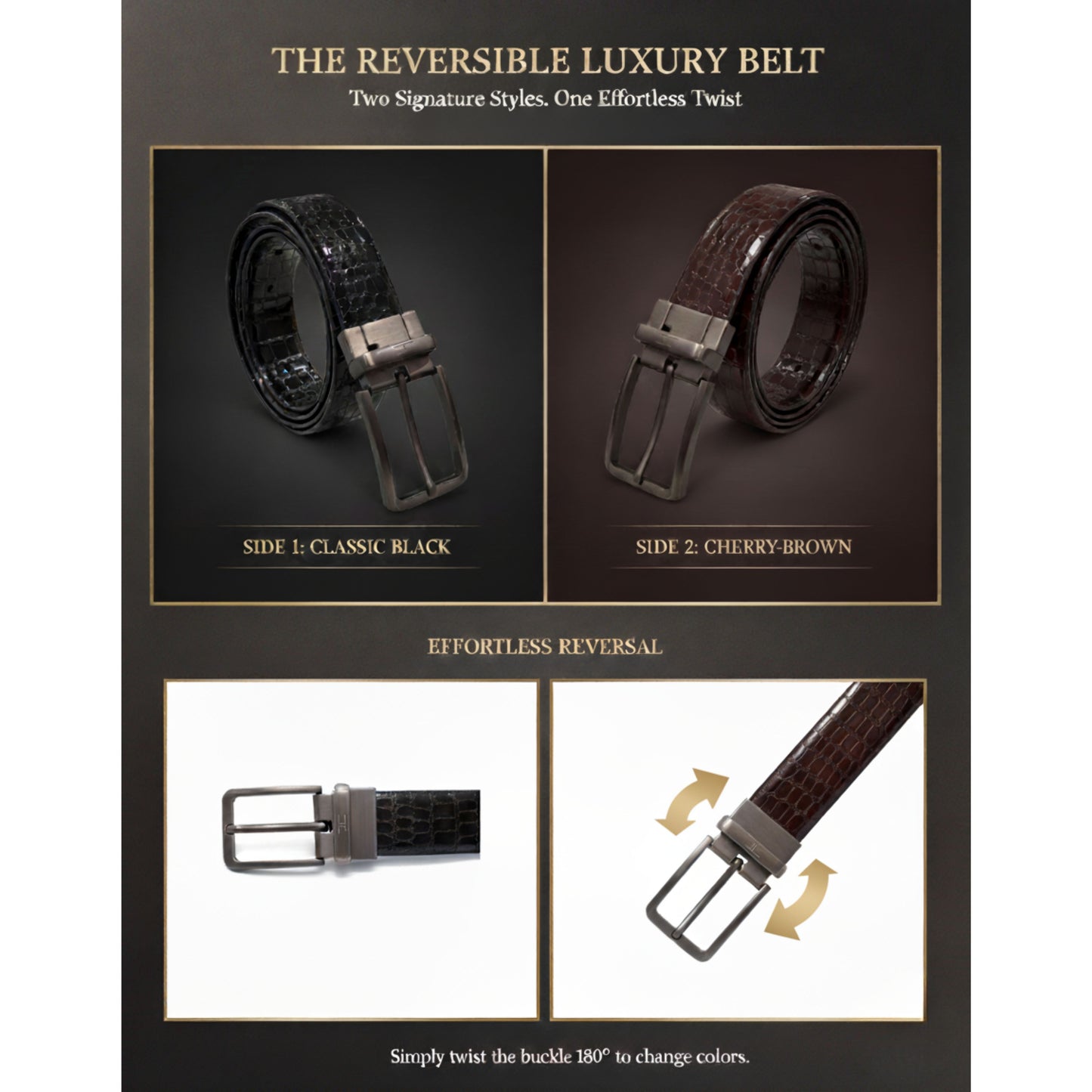 Hideclusive Premium Leather Belt, Crocodile Print Pattern, Reversible, Black and Cherry Brown, 35mm Width, Chrome Twist Buckle