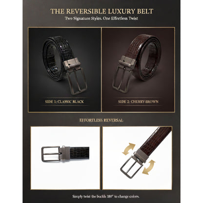 Reversible Crocodile Print Leather Belt for Men | 35mm | Black & Brown | Chrome Buckle | Hideclusive
