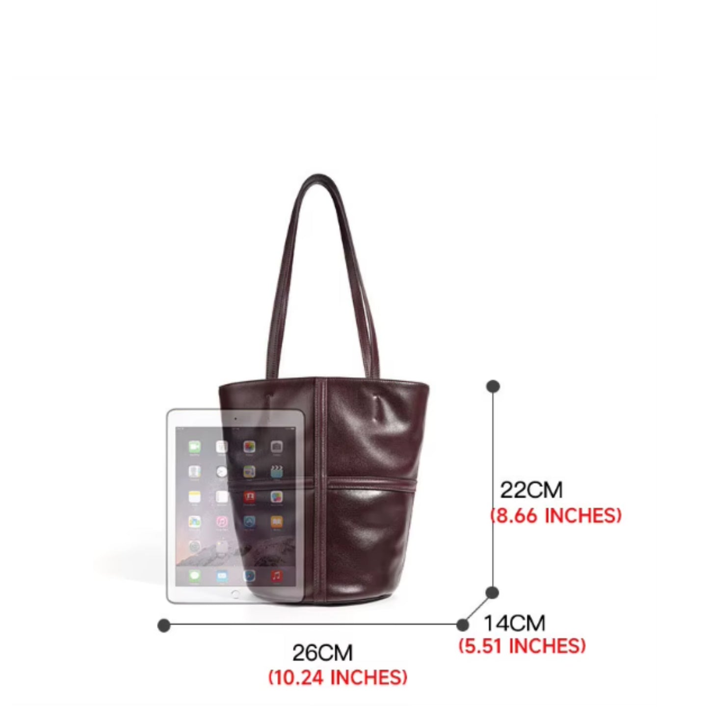 VERONA - The Signature Leather Bucket Tote | 100% Cowhide Leather Bucket Bag | Large Capacity Everyday Shoulder Tote | Wine Red & Black